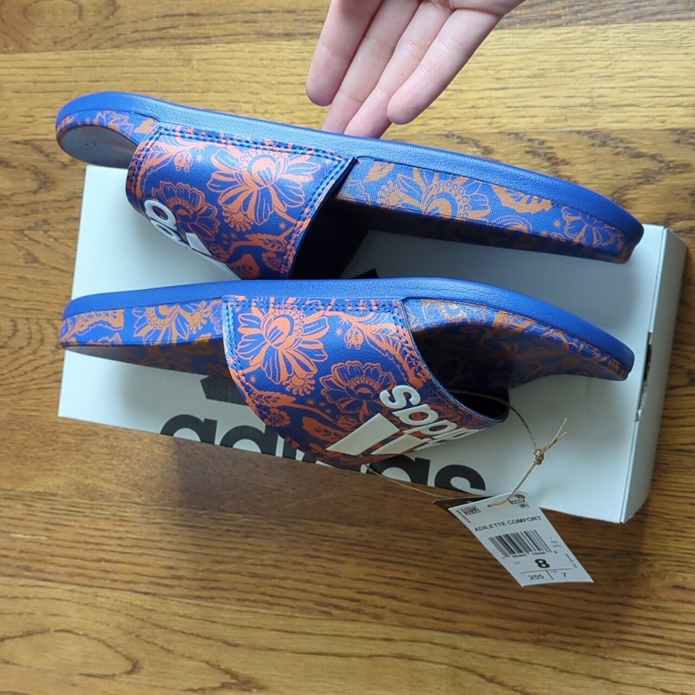 NIB FARM Rio Slide Sandals Adidas Collab Vibrant Blue Floral Women's Size 8 - Picture 12 of 16